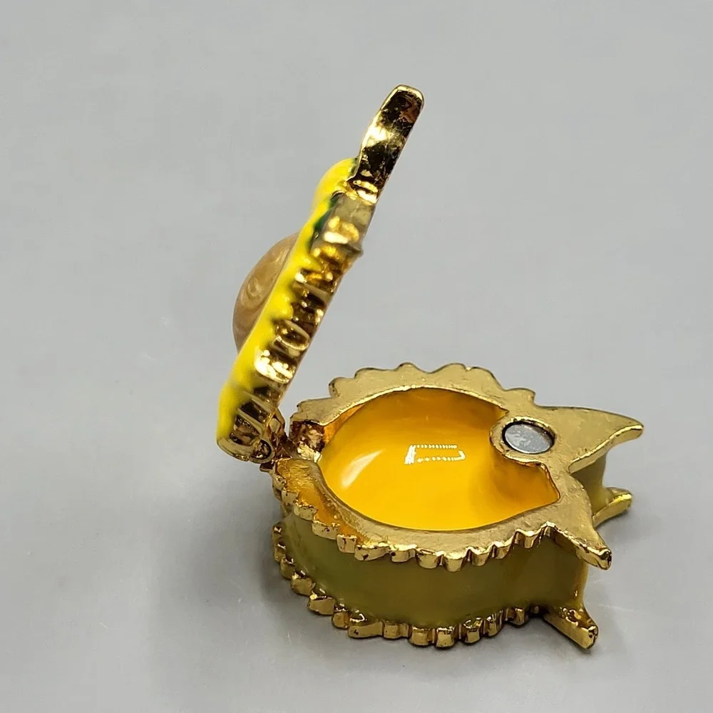 Work of Art Sunflower Trinket Pill Box Enamel Magnetic Shel Decor Gold Yellow